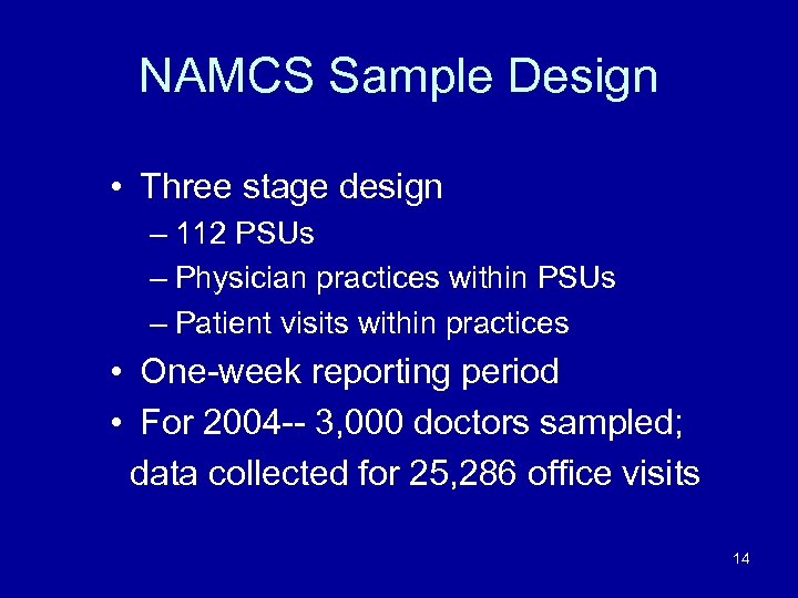 NAMCS Sample Design • Three stage design – 112 PSUs – Physician practices within