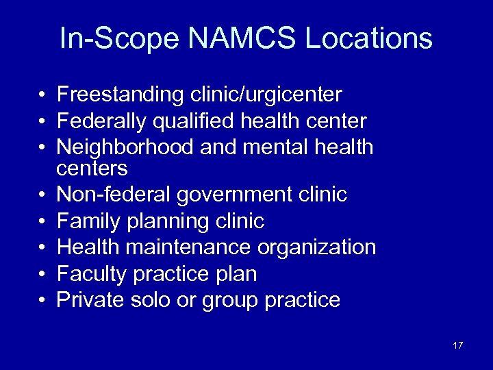 In-Scope NAMCS Locations • Freestanding clinic/urgicenter • Federally qualified health center • Neighborhood and