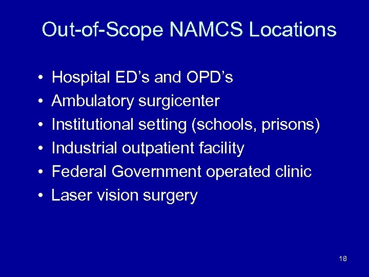 Out-of-Scope NAMCS Locations • • • Hospital ED’s and OPD’s Ambulatory surgicenter Institutional setting