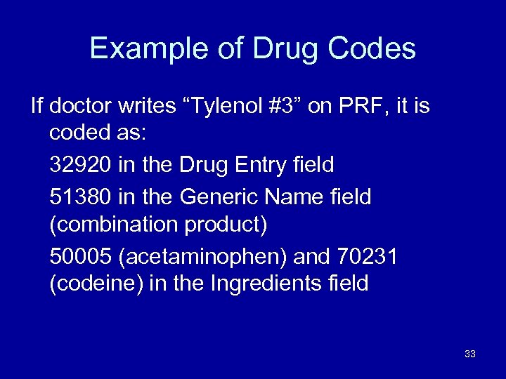 Example of Drug Codes If doctor writes “Tylenol #3” on PRF, it is coded