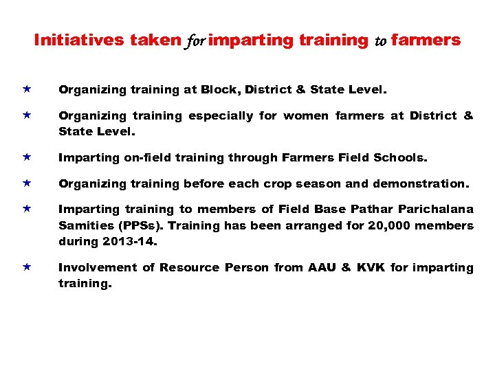 Initiatives taken for imparting training to farmers « Organizing training at Block, District &