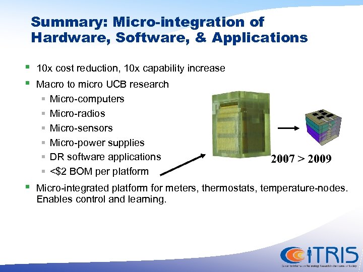 Summary: Micro-integration of Hardware, Software, & Applications § § § 10 x cost reduction,