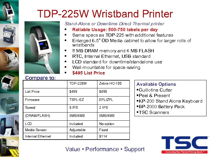 TDP-225 W Wristband Printer Compare to: Stand-Alone or Downtime Direct Thermal printer § Reliable