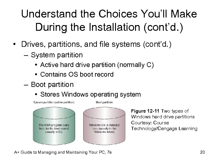 Understand the Choices You’ll Make During the Installation (cont’d. ) • Drives, partitions, and