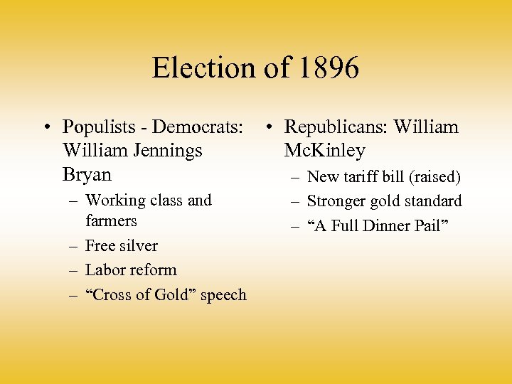 Election of 1896 • Populists - Democrats: William Jennings Bryan – Working class and