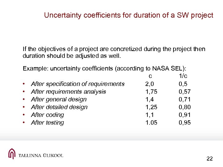 Uncertainty coefficients for duration of a SW project If the objectives of a project