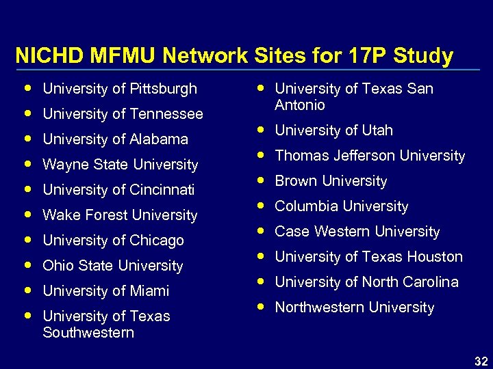 NICHD MFMU Network Sites for 17 P Study University of Pittsburgh University of Tennessee