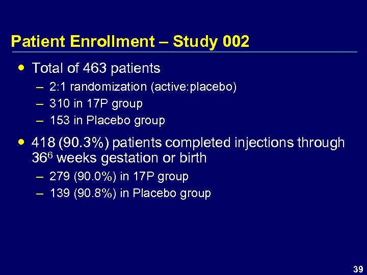 Patient Enrollment – Study 002 Total of 463 patients – 2: 1 randomization (active: