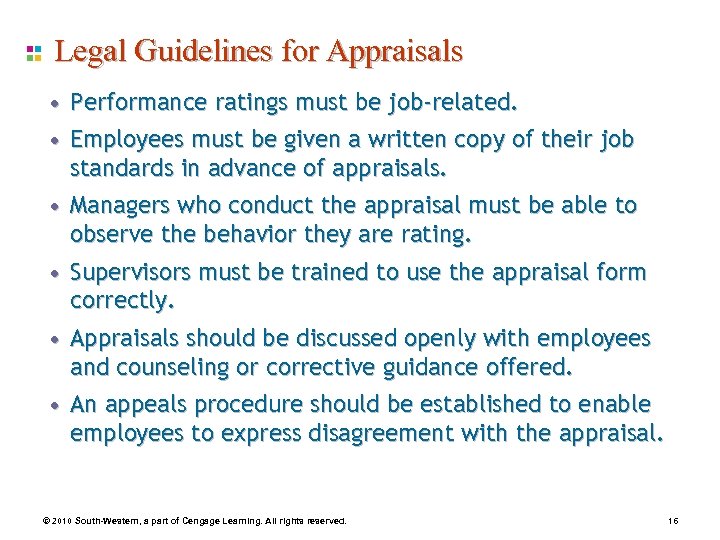 Legal Guidelines for Appraisals • Performance ratings must be job-related. • Employees must be