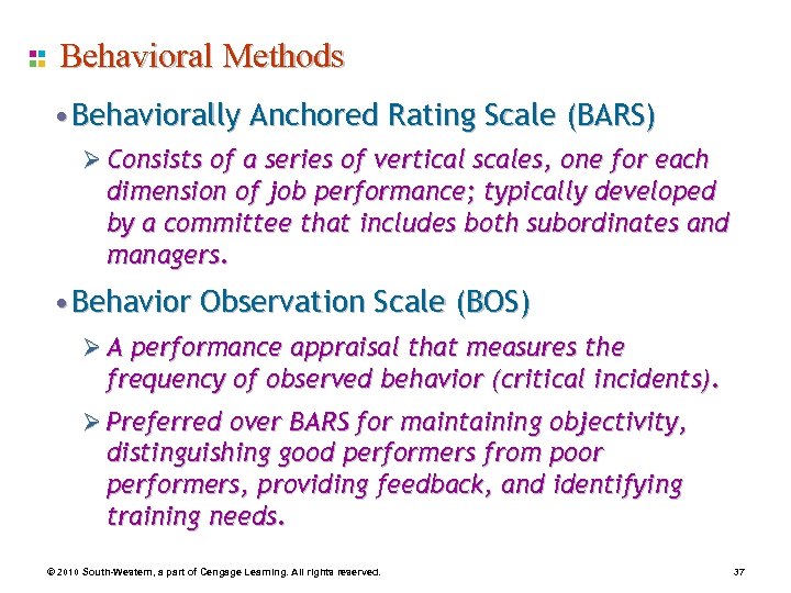 Behavioral Methods • Behaviorally Anchored Rating Scale (BARS) Ø Consists of a series of