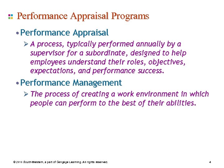 Performance Appraisal Programs • Performance Appraisal Ø A process, typically performed annually by a