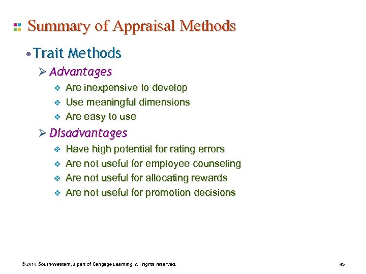 Summary of Appraisal Methods • Trait Methods Ø Advantages v v v Are inexpensive