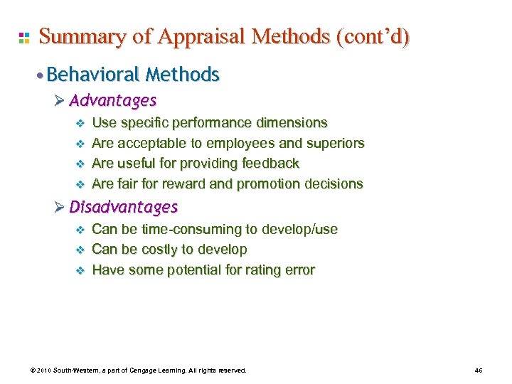 Summary of Appraisal Methods (cont’d) • Behavioral Methods Ø Advantages v v Use specific