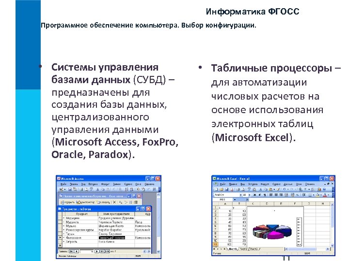 Информатика ФГОСС Программное обеспечение компьютера. Выбор конфигурации. • Системы управления базами данных (СУБД) –