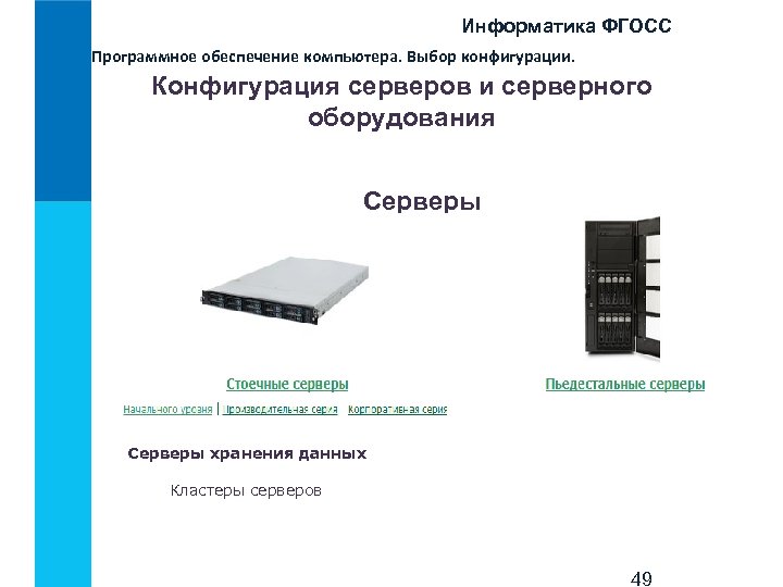 Информатика ФГОСС Программное обеспечение компьютера. Выбор конфигурации. Конфигурация серверов и серверного оборудования Cерверы Серверы