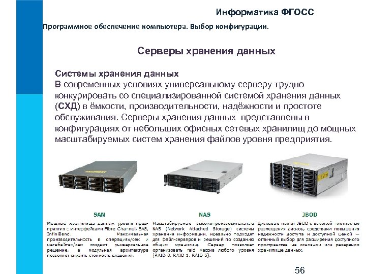 Информатика ФГОСС Программное обеспечение компьютера. Выбор конфигурации. Серверы хранения данных Системы хранения данных В