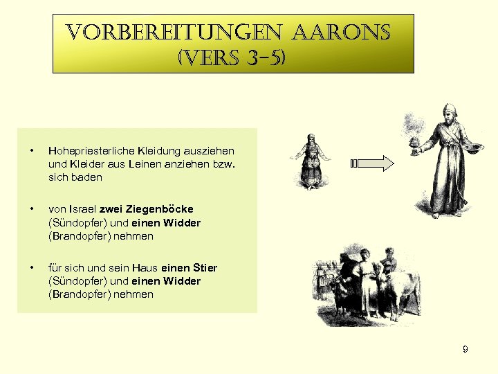 vorbereitungen aarons (vers 3 -5) • Hohepriesterliche Kleidung ausziehen und Kleider aus Leinen anziehen