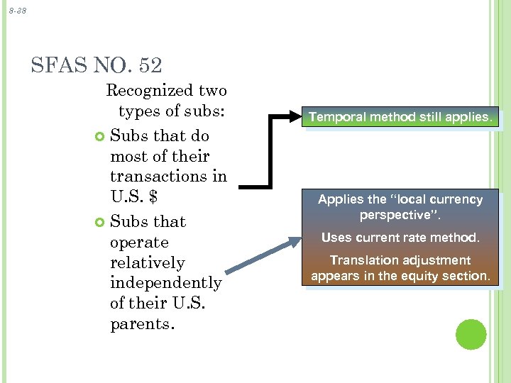 8 -38 SFAS NO. 52 Recognized two types of subs: Subs that do most