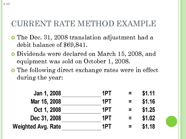 8 -48 CURRENT RATE METHOD EXAMPLE The Dec. 31, 2008 translation adjustment had a