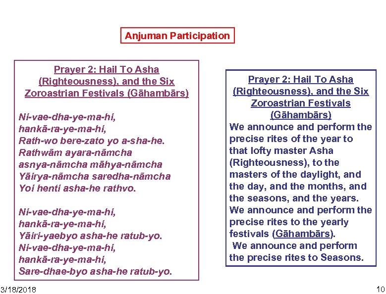 Anjuman Participation Prayer 2: Hail To Asha (Righteousness), and the Six Zoroastrian Festivals (Gāhambārs)