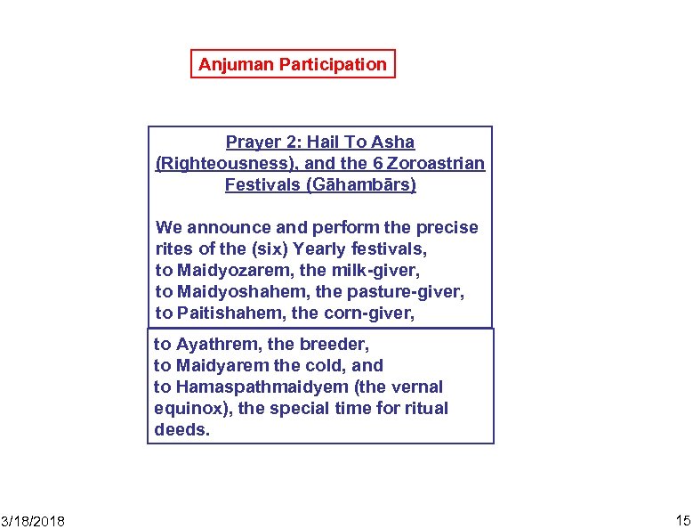 Anjuman Participation Prayer 2: Hail To Asha (Righteousness), and the 6 Zoroastrian Festivals (Gāhambārs)