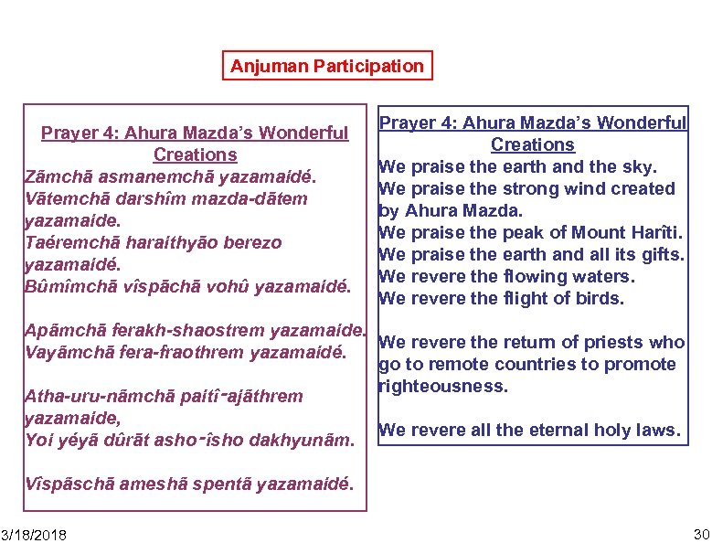 Anjuman Participation Prayer 4: Ahura Mazda’s Wonderful Creations Zãmchā asmanemchā yazamaidé. Vātemchā darshîm mazda-dātem