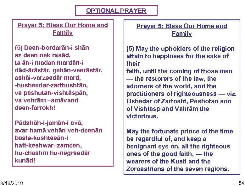 OPTIONAL PRAYER Prayer 5: Bless Our Home and Family (5) Deen-bordarān-i shān az deen