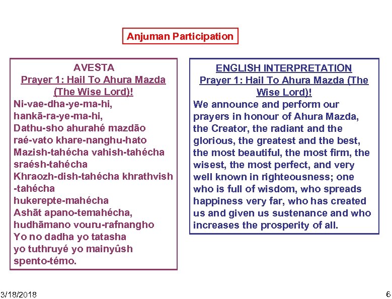 Anjuman Participation AVESTA Prayer 1: Hail To Ahura Mazda (The Wise Lord)! Ni-vae-dha-ye-ma-hi, hankā-ra-ye-ma-hi,