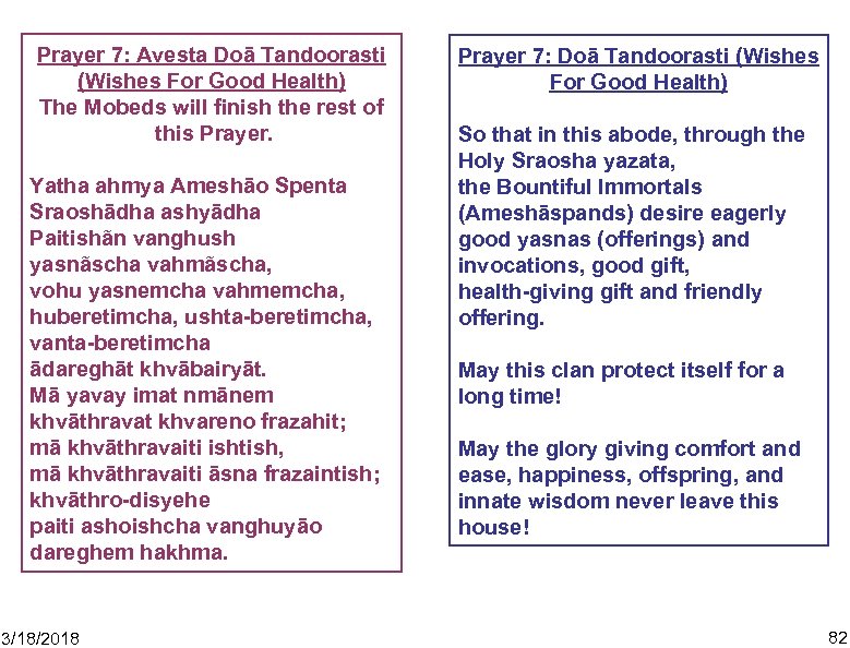 Prayer 7: Avesta Doā Tandoorasti (Wishes For Good Health) The Mobeds will finish the