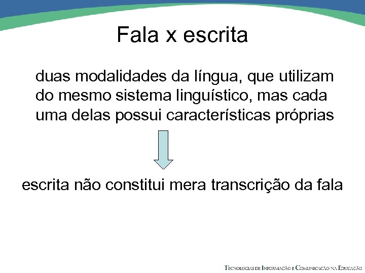 Fala x escrita duas modalidades da língua, que utilizam do mesmo sistema linguístico, mas