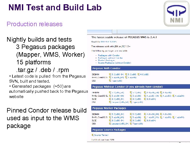 NMI Test and Build Lab Production releases Nightly builds and tests 3 Pegasus packages