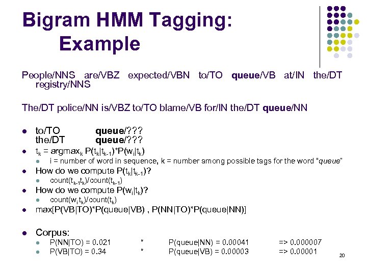Bigram HMM Tagging: Example People/NNS are/VBZ expected/VBN to/TO queue/VB at/IN the/DT registry/NNS The/DT police/NN