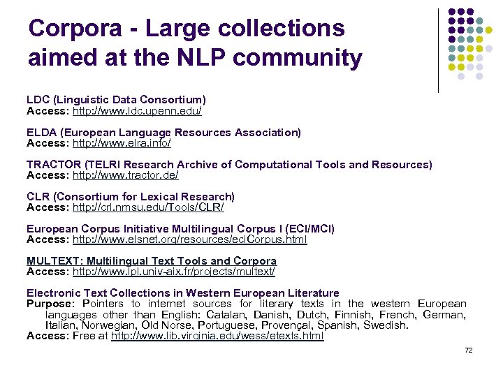 Corpora - Large collections aimed at the NLP community LDC (Linguistic Data Consortium) Access: