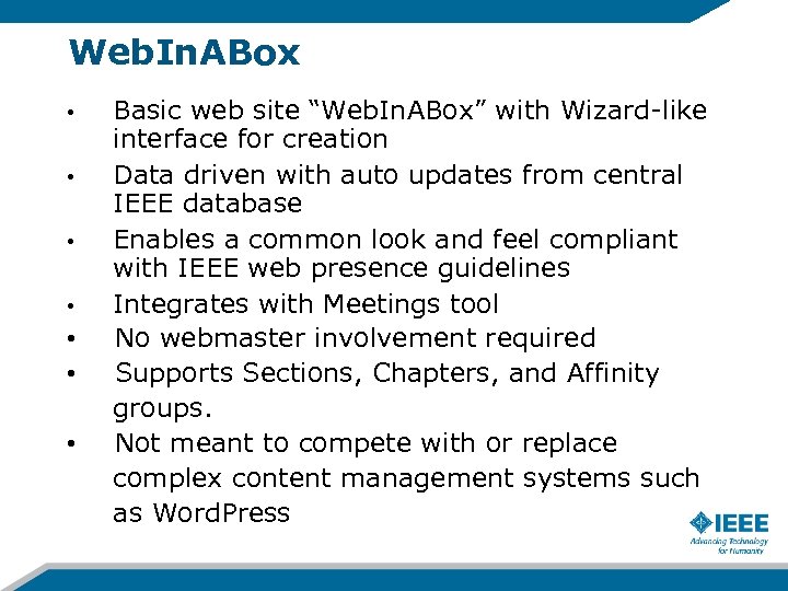 Web. In. ABox Basic web site “Web. In. ABox” with Wizard-like interface for creation