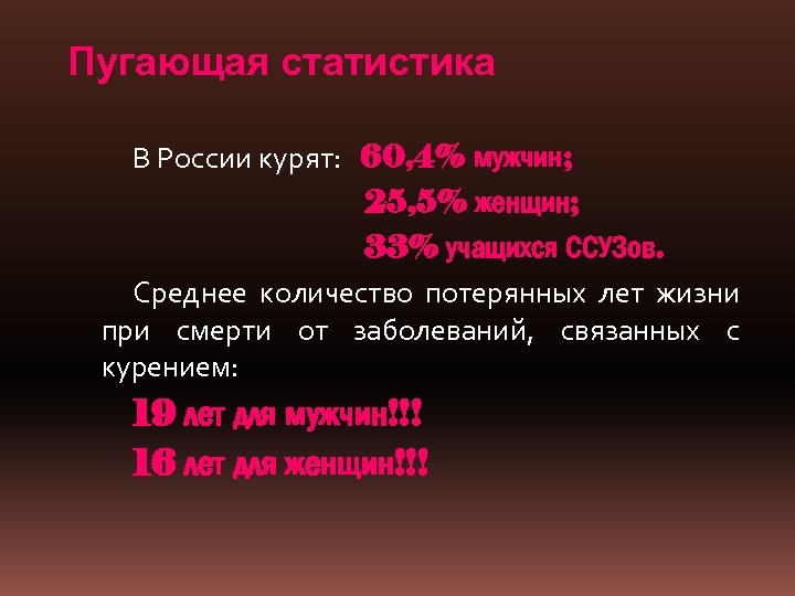 Пугающая статистика В России курят: 60, 4% мужчин; 25, 5% женщин; 33% учащихся ССУЗов.