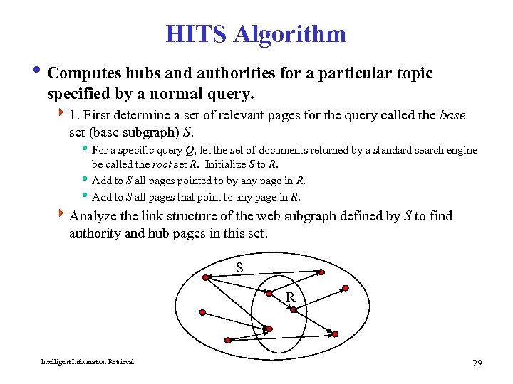 HITS Algorithm i Computes hubs and authorities for a particular topic specified by a
