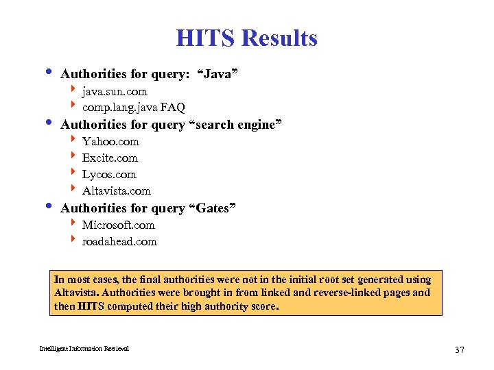HITS Results i Authorities for query: “Java” 4 java. sun. com 4 comp. lang.