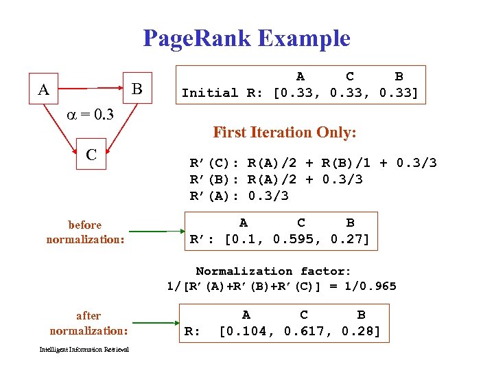 Page. Rank Example B A A C B Initial R: [0. 33, 0. 33]