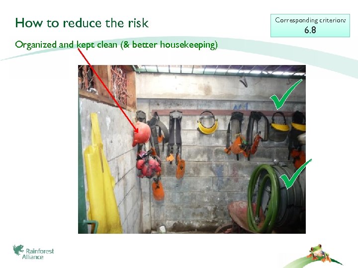 How to reduce the risk Corresponding criterion: 6. 8 Organized and kept clean (&