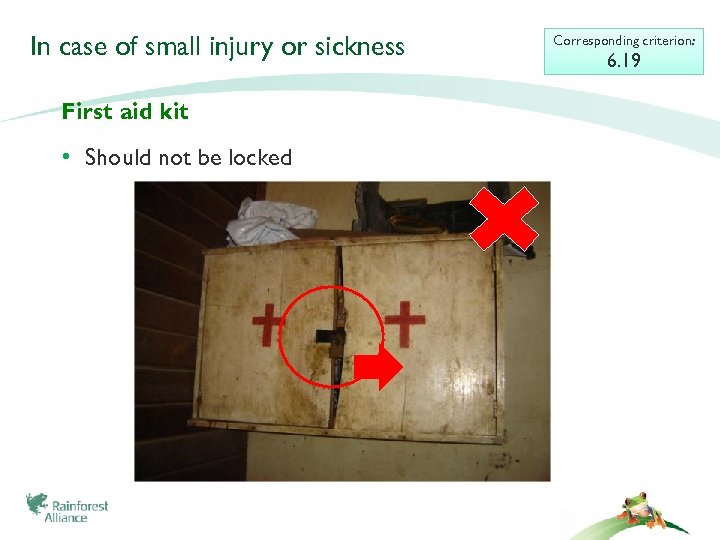 In case of small injury or sickness First aid kit • Should not be
