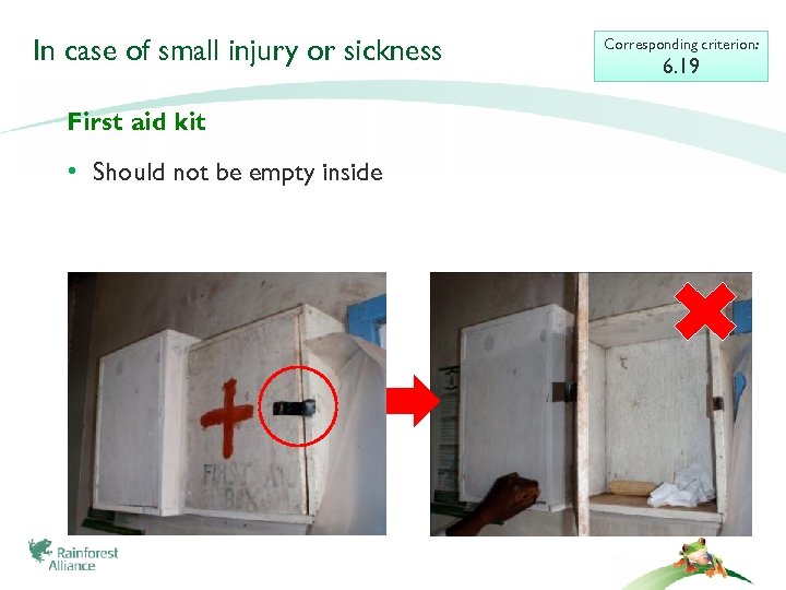 In case of small injury or sickness First aid kit • Should not be