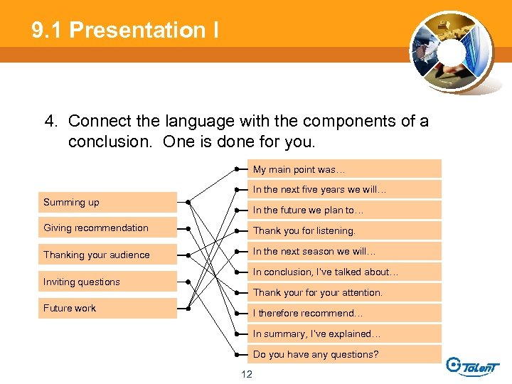 9. 1 Presentation l 4. Connect the language with the components of a conclusion.