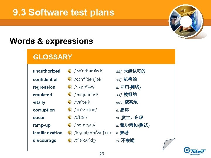 9. 3 Software test plans Words & expressions GLOSSARY unauthorized adj. 未经认可的 confidential adj.