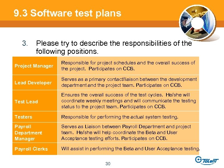 9. 3 Software test plans 3. Please try to describe the responsibilities of the