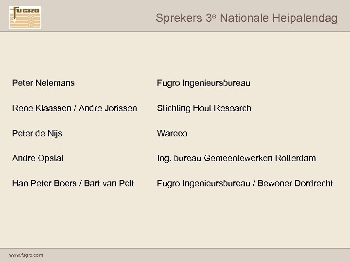 Sprekers 3 e Nationale Heipalendag Peter Nelemans Fugro Ingenieursbureau Rene Klaassen / Andre Jorissen