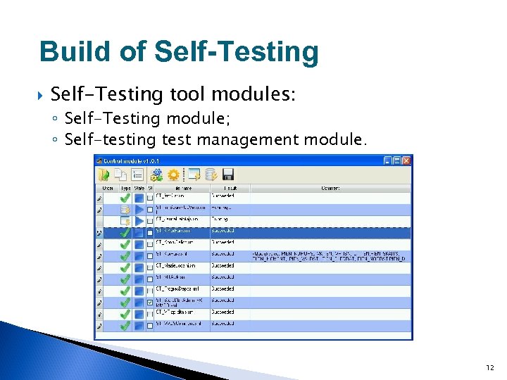 Build of Self-Testing tool modules: ◦ Self-Testing module; ◦ Self-testing test management module. 12