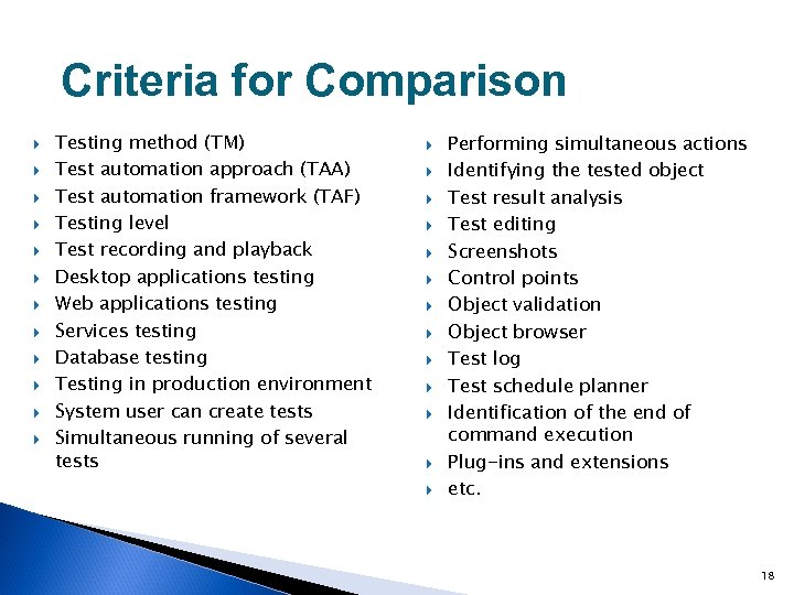 Criteria for Comparison Testing method (TM) Test automation approach (TAA) Test automation framework (TAF)