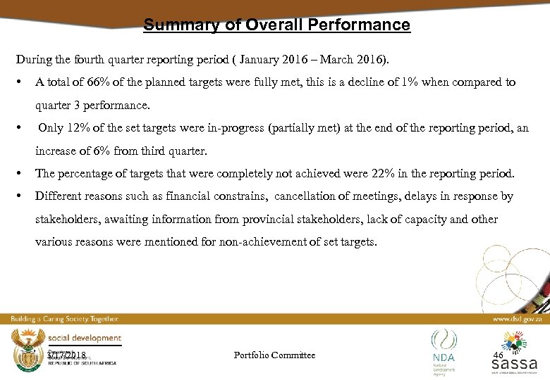 Summary of Overall Performance During the fourth quarter reporting period ( January 2016 –