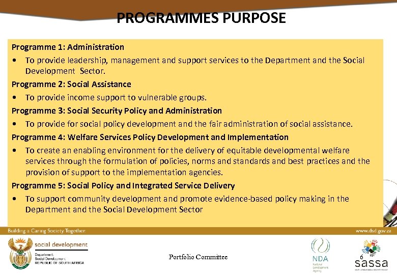 PROGRAMMES PURPOSE Programme 1: Administration • To provide leadership, management and support services to