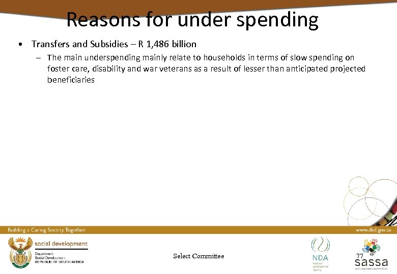 Reasons for under spending • Transfers and Subsidies – R 1, 486 billion –